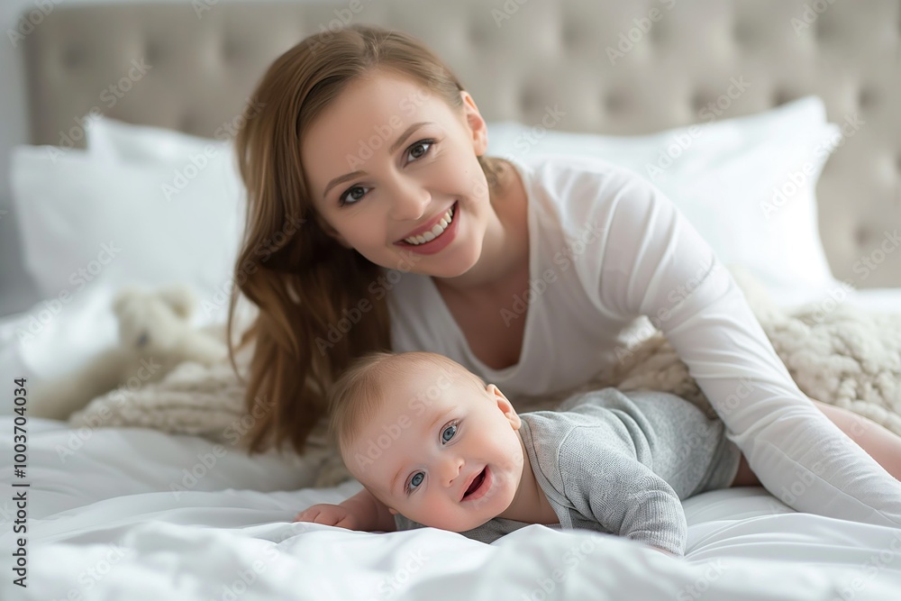 Caucasian mother and young baby on bed, smiling, happy, and in love. Adorable baby boy snuggled in mother arms, feeling care and comfort. Mother loving gaze, baby joyful expression. Caucasian mother and young baby on bed, smiling, happy, and in love. Adorable baby boy snuggled in mother arms, feeling care and comfort. Mother loving gaze, baby joyful expression.