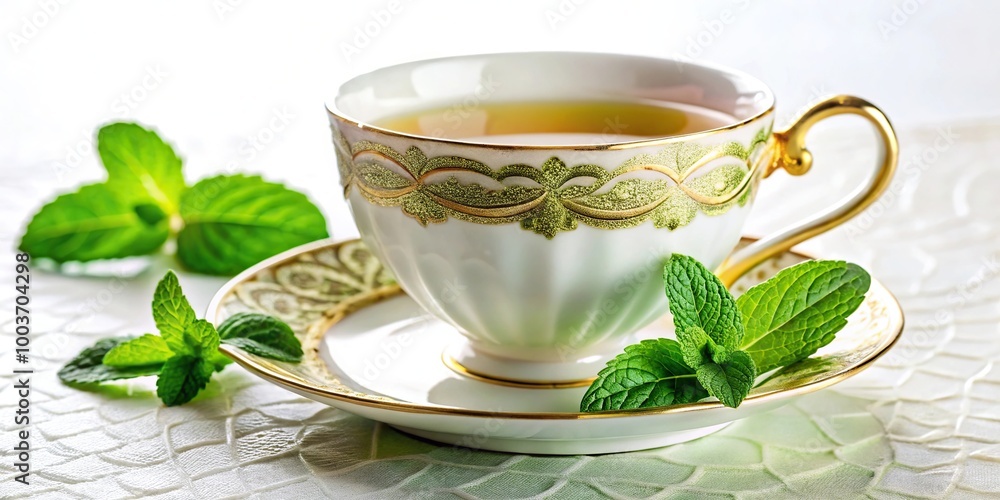 White cup and saucer with green and gold decorations of mint tea and mint leaves White cup and saucer with green and gold decorations of mint tea and mint leaves