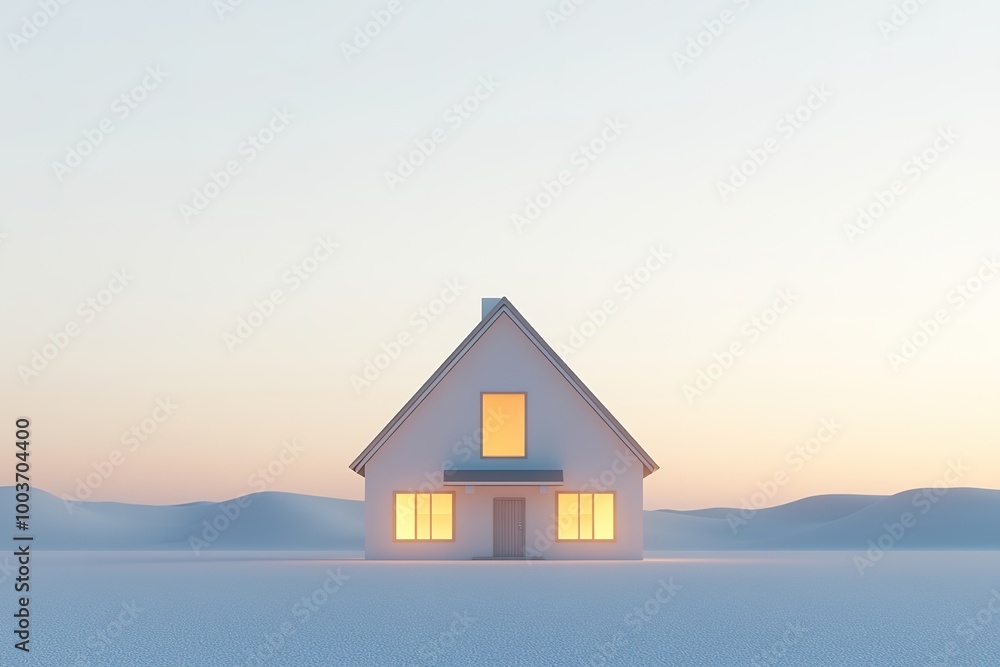 Illuminated house in serene snowy landscape at dusk Illuminated house in serene snowy landscape at dusk