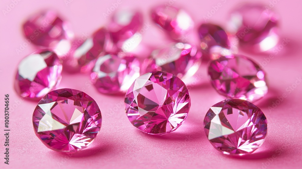 A tight shot of several pink diamonds scattered on a rosy surface One diamond stands out in the center A tight shot of several pink diamonds scattered on a rosy surface One diamond stands out in the center