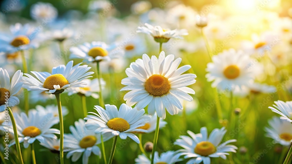 Fototapeta premium White daisies in a summer meadow with blurred background, creating a sense of depth