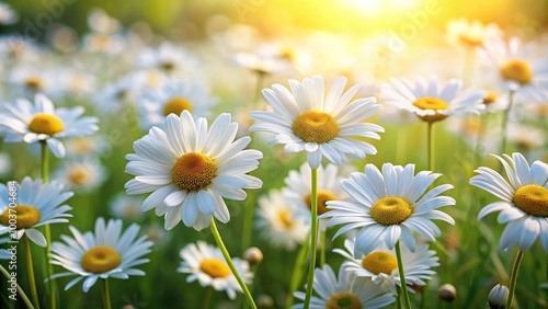 White daisies in a summer meadow with a blurred background of flowers