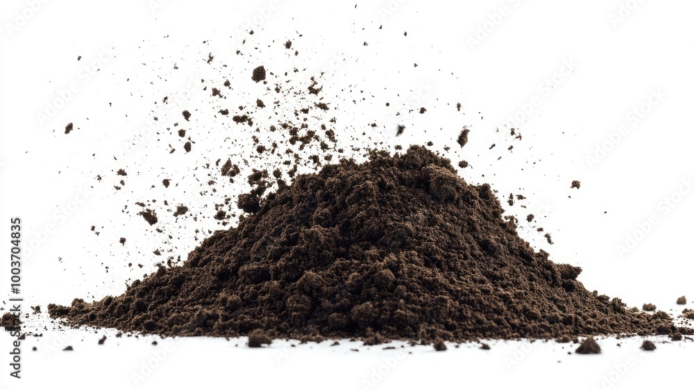 Isolated pile of dirt and soil scattered and flying in various directions on a bright white background. Isolated pile of dirt and soil scattered and flying in various directions on a bright white background.