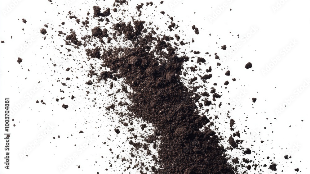 Isolated soil dirt scattering and flying in mid-air, spreading dynamically across a white backdrop. Isolated soil dirt scattering and flying in mid-air, spreading dynamically across a white backdrop.