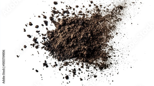 Isolated pile of dirt and soil scattered and flying in various directions on a bright white background.