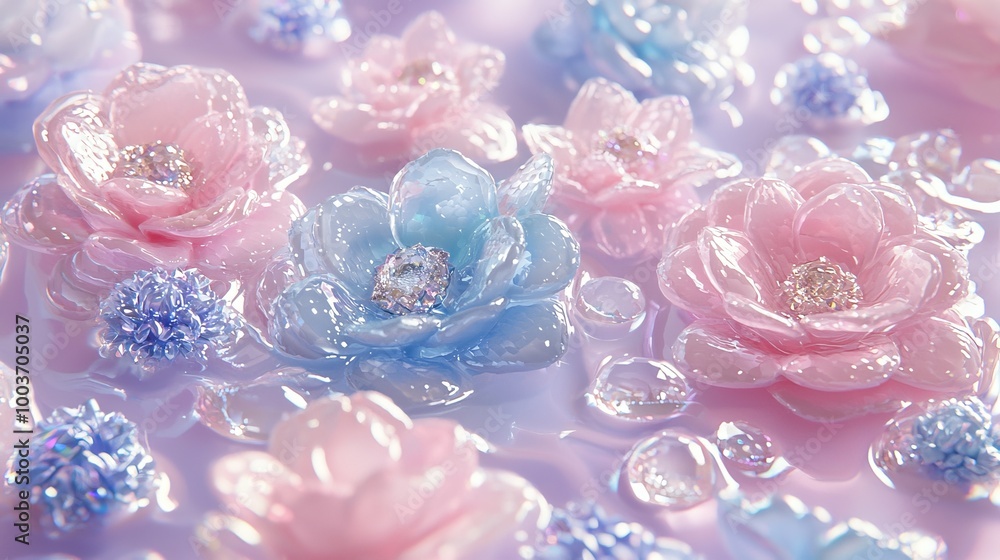 A cluster of pink and blue blossoms atop stacked water droplets A cluster of pink and blue blossoms atop stacked water droplets