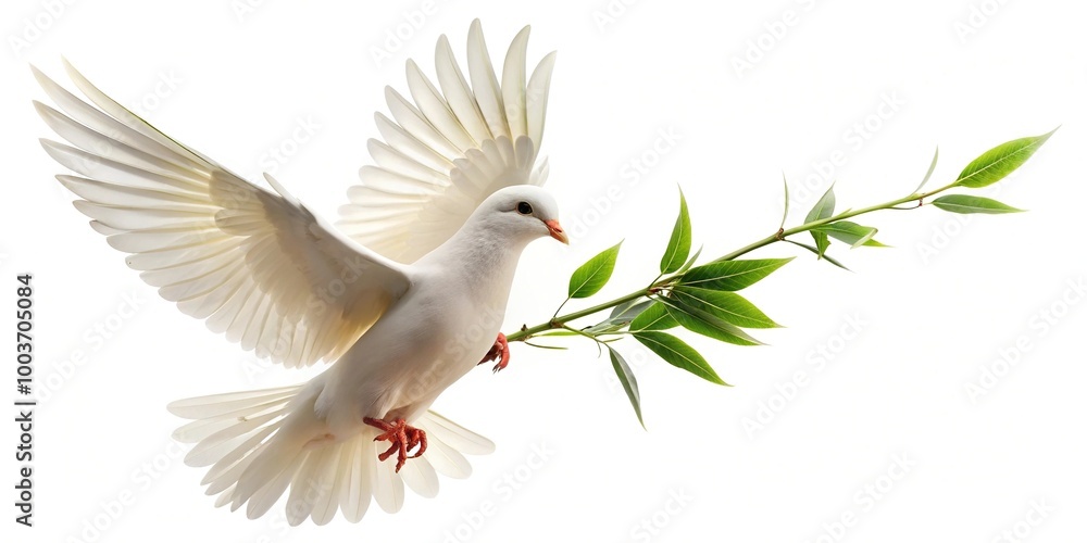 Obraz premium White dove carrying olive branch isolated on white background at tilted angle