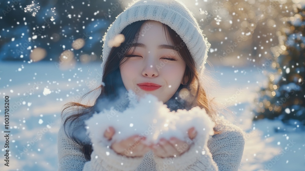 Young Woman Blowing Snow in winter park in the snow,Winter holidays concept,Young woman winter portrait,winter fairy tale,happy vacation,winter season,space for text. Young Woman Blowing Snow in winter park in the snow,Winter holidays concept,Young woman winter portrait,winter fairy tale,happy vacation,winter season,space for text.