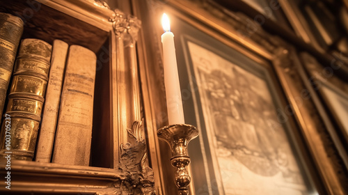 A dimly lit vintage study w...