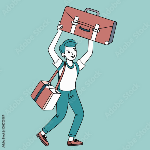 Young traveler joyfully lifting a suitcase with a playful mood in a vibrant travel setting