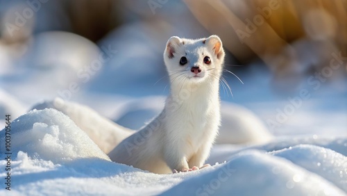 White ermine stoat short tailed weasel in snow at tilted angle
