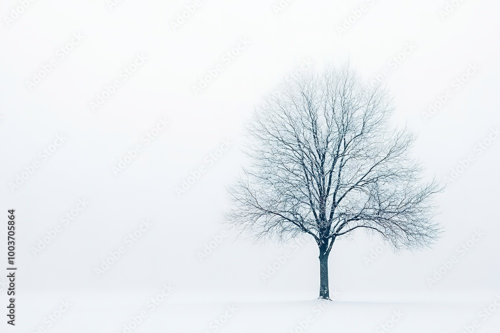 Solitary tree in serene snowy landscape, minimalist winter scene Solitary tree in serene snowy landscape, minimalist winter scene