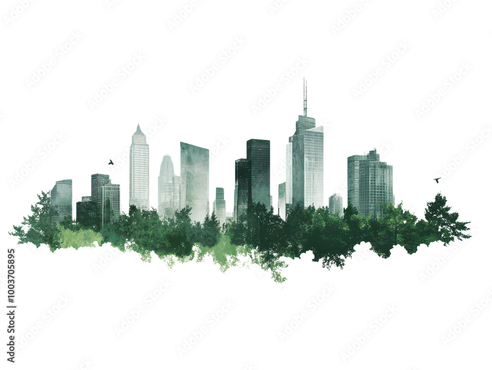 Fototapeta premium A stunning city skyline silhouette blends seamlessly with lush greenery, creating harmonious balance between urban life and nature. This artwork captures essence of modern architecture surrounded by v