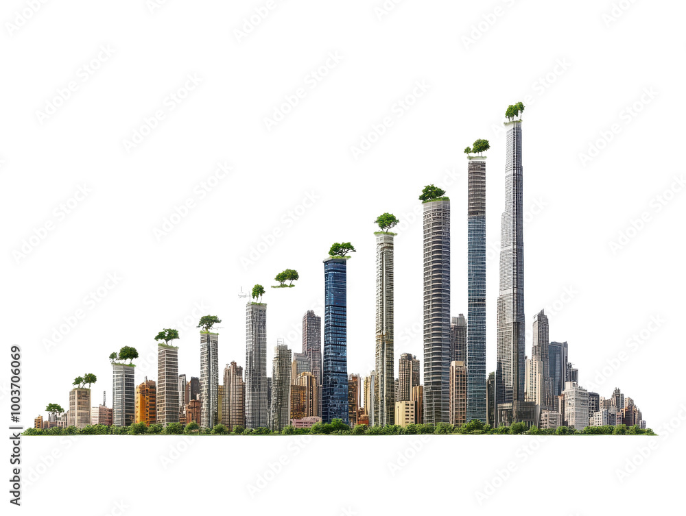 Urban growth is depicted in this vibrant city skyline, showcasing skyscrapers with greenery on top, symbolizing sustainability and innovation. Urban growth is depicted in this vibrant city skyline, showcasing skyscrapers with greenery on top, symbolizing sustainability and innovation.