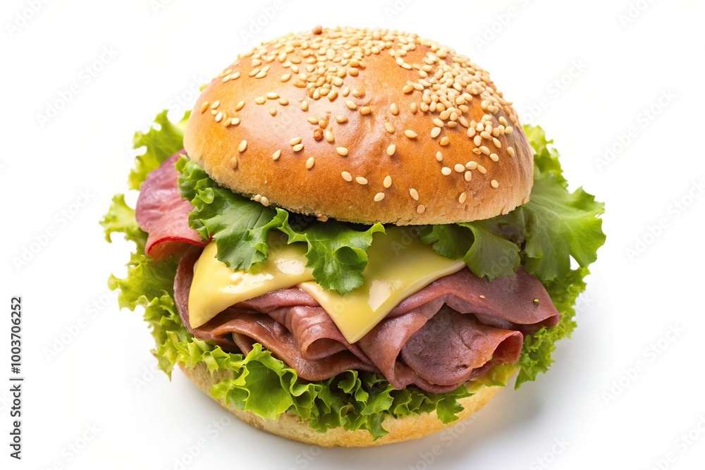Roast beef sandwich roll with burger sauce Emmental cheese and lettuce in a sesame seed topped bread bun isolated on a white background Bird s Eye View, sandwich, burger sauce, lettuce Roast beef sandwich roll with burger sauce Emmental cheese and lettuce in a sesame seed topped bread bun isolated on a white background Bird s Eye View, sandwich, burger sauce, lettuce