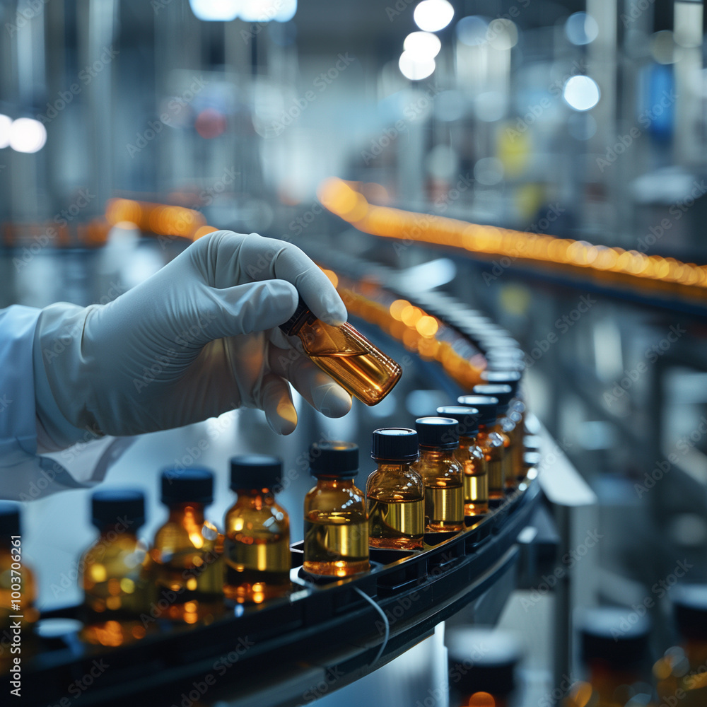 Pharmacist hand holds medical vial on a production conveyor Pharmacist hand holds medical vial on a production conveyor