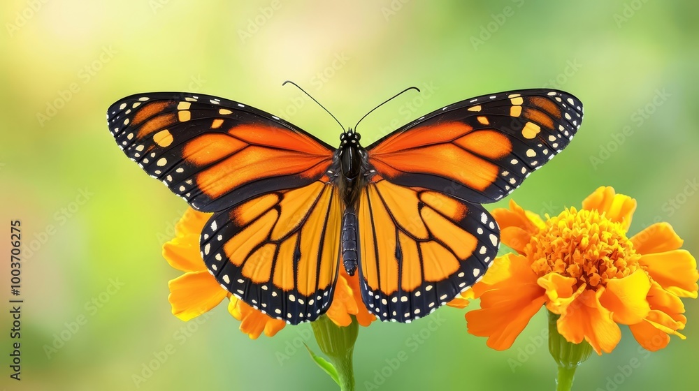 Fototapeta premium A tight shot of a butterfly atop a yellow bloom, surrounded by softly blurred grass