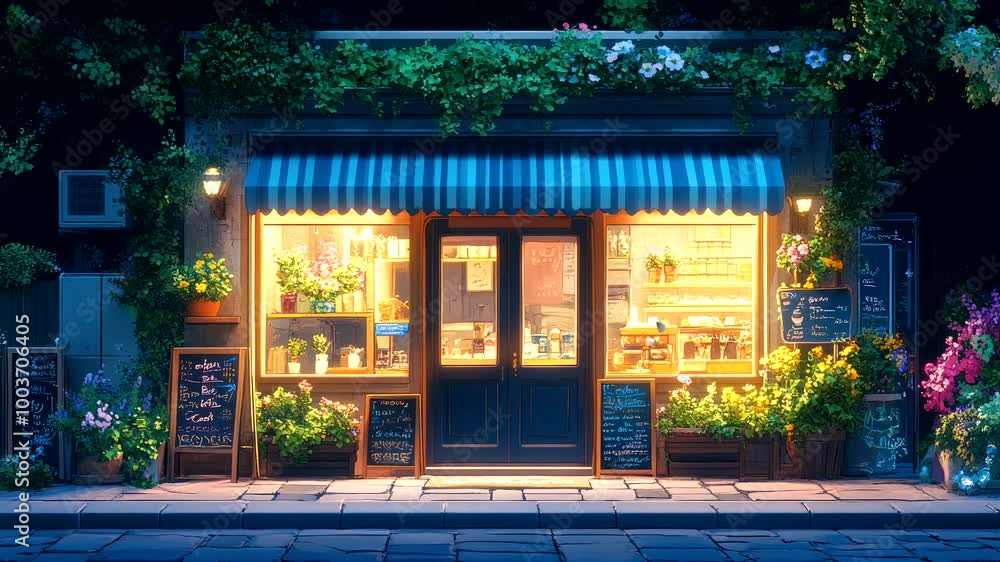 Charming shop with striped awning and warm glowing lights at night. Seamless looping 4k video background Charming shop with striped awning and warm glowing lights at night. Seamless looping 4k video background
