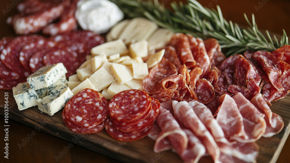 An artfully arranged platter displays traditional appetizers, featuring savory salami, delicate prosciutto, and creamy fresh cheese, inviting indulgence. An artfully arranged platter displays traditional appetizers, featuring savory salami, delicate prosciutto, and creamy fresh cheese, inviting indulgence.