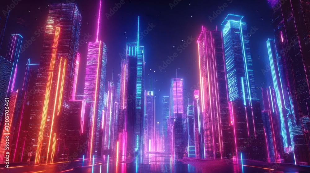 3D effect of a futuristic cityscape with towering skyscrapers and neon lights 3D effect of a futuristic cityscape with towering skyscrapers and neon lights