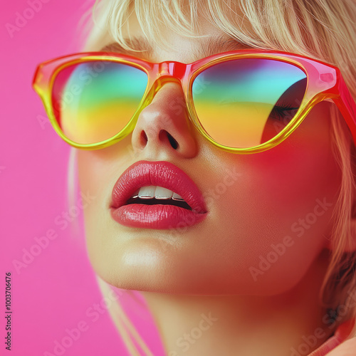 A blonde woman wearing colorful sunglasses, set against a pink background.