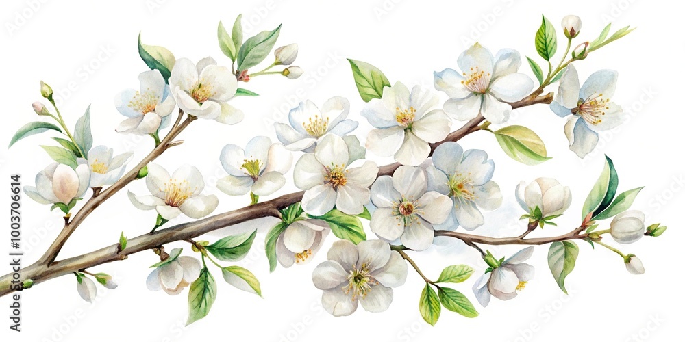 Fototapeta premium White flowers on a branch isolated on a white background watercolor Macro
