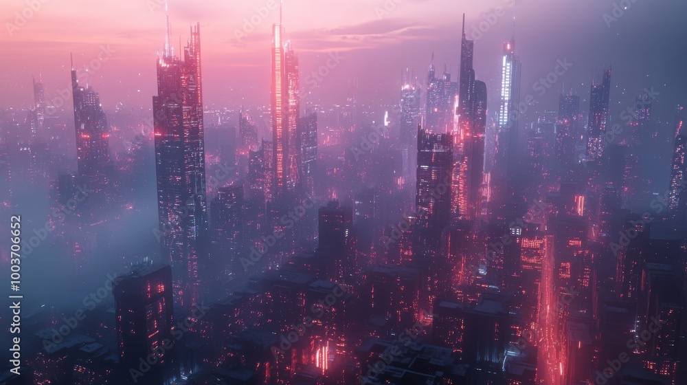 3D effect of a futuristic cityscape with towering skyscrapers and neon lights 3D effect of a futuristic cityscape with towering skyscrapers and neon lights