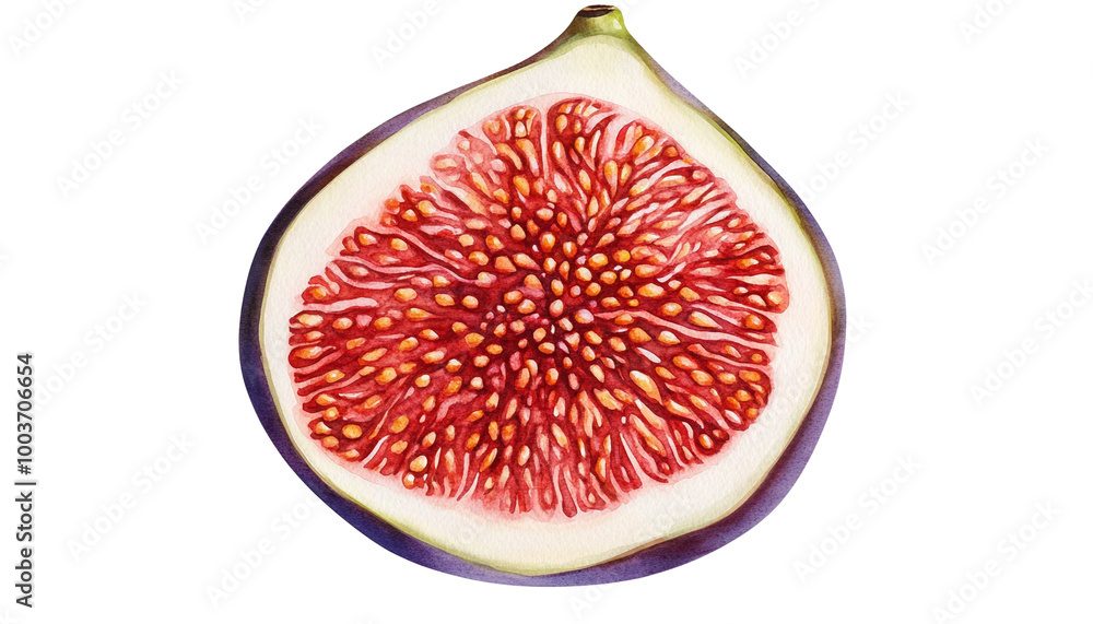 Fresh fig sliced in half, showcasing its vibrant red flesh and tiny seeds, ideal for culinary designs and nutritional illustrations, isolated on a white background. Fresh fig sliced in half, showcasing its vibrant red flesh and tiny seeds, ideal for culinary designs and nutritional illustrations, isolated on a white background.