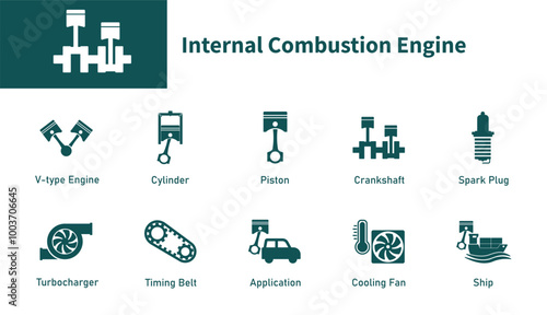 Internal combustion engine icons. Set of solid vector symbols on automotive engineering theme, piston, crankshaft, cylinder, spark plug, turbocharger.