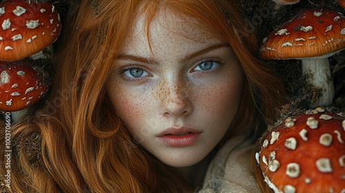 Redhead Woman with Mushrooms: A Fantasy Portrait photo