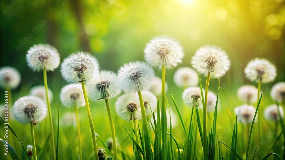 White fluffy dandelions on green grass at spring White fluffy dandelions on green grass at spring