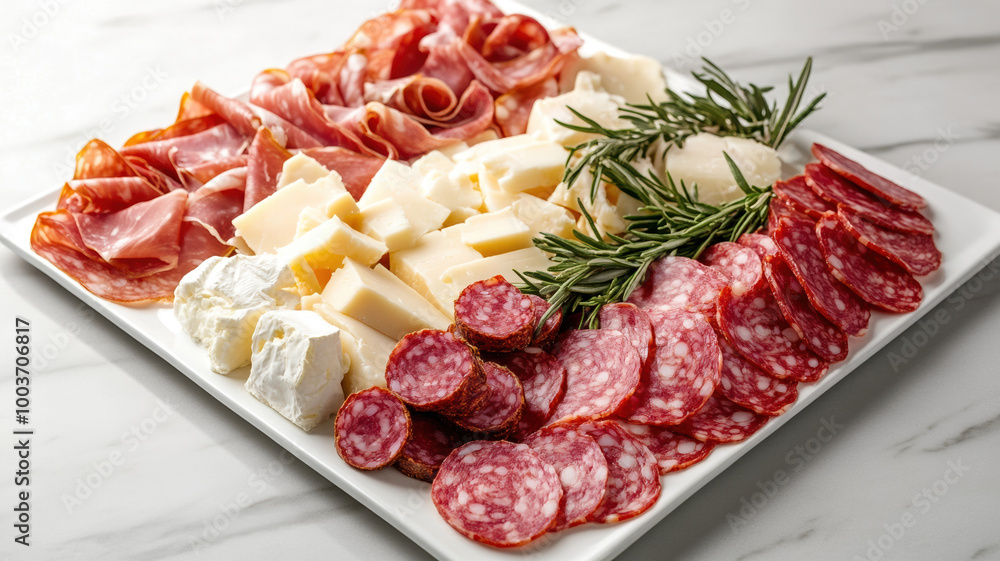 An artfully arranged platter displays traditional appetizers, featuring savory salami, delicate prosciutto, and creamy fresh cheese, inviting indulgence. An artfully arranged platter displays traditional appetizers, featuring savory salami, delicate prosciutto, and creamy fresh cheese, inviting indulgence.