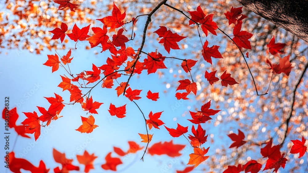 A serene autumn scene featuring vibrant red and orange maple leaves gently falling from the trees, illuminated by soft, warm sunlight filtering through a clear blue sky. A serene autumn scene featuring vibrant red and orange maple leaves gently falling from the trees, illuminated by soft, warm sunlight filtering through a clear blue sky.