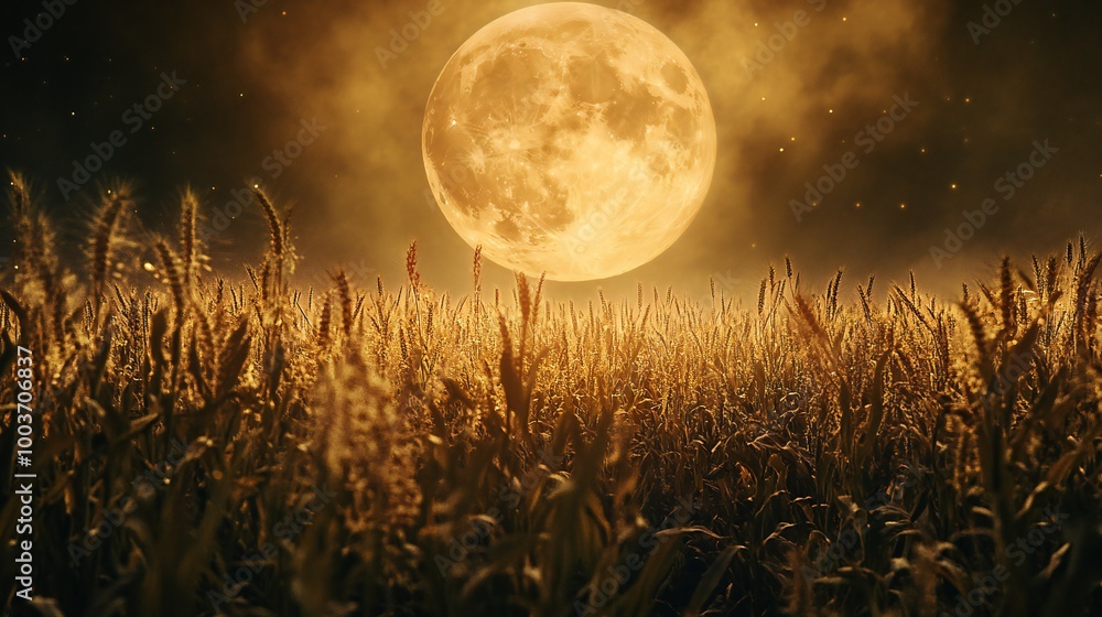 Fototapeta premium Golden full moon over wheat field at night, cinematic harvest landscape, warm orange glow rural nature background