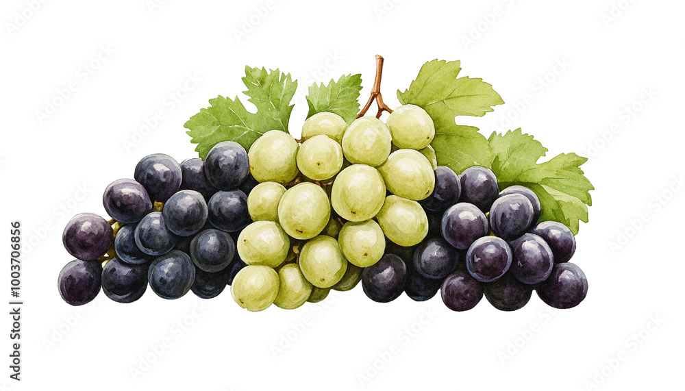 Fresh green and black grapes with leaves on a white isolated background, showcasing a vibrant arrangement of luscious fruits perfect for healthy eating and cooking. Fresh green and black grapes with leaves on a white isolated background, showcasing a vibrant arrangement of luscious fruits perfect for healthy eating and cooking.