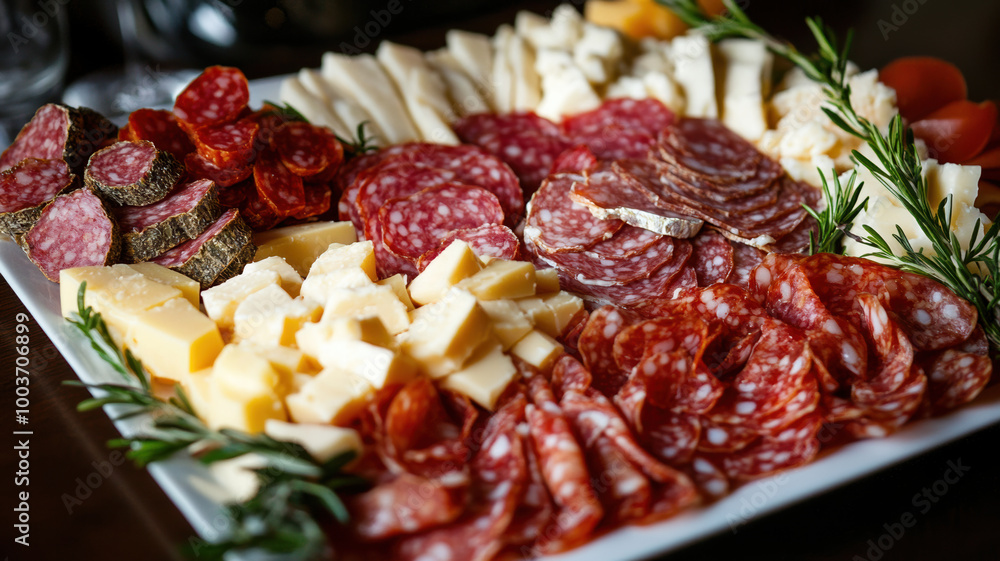 An artfully arranged platter displays traditional appetizers, featuring savory salami, delicate prosciutto, and creamy fresh cheese, inviting indulgence. An artfully arranged platter displays traditional appetizers, featuring savory salami, delicate prosciutto, and creamy fresh cheese, inviting indulgence.