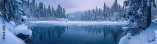 Stunning winter landscape featuring a serene lake surrounded by snow-covered mountains and evergreens under a peaceful blue sky.