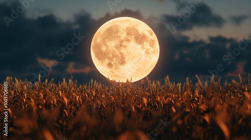 A mystical background with a large, glowing harvest moon rising over a field of ripened crops.