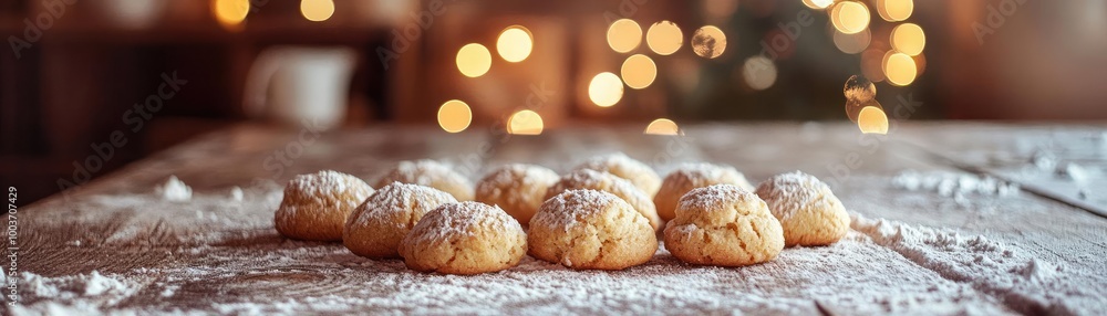 Delicious cookies dusted with powdered sugar on a rustic table, perfect for festive gatherings and holiday celebrations. Delicious cookies dusted with powdered sugar on a rustic table, perfect for festive gatherings and holiday celebrations.