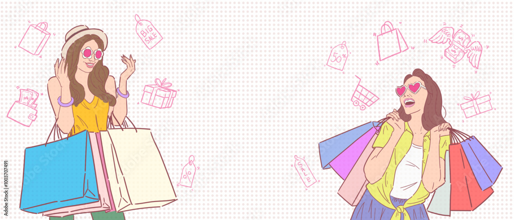 Banner background for sales promotion with illustration of a woman carrying a bag or shopping, for advertising, banners, leaflets and flyers. vector. Banner background for sales promotion with illustration of a woman carrying a bag or shopping, for advertising, banners, leaflets and flyers. vector.