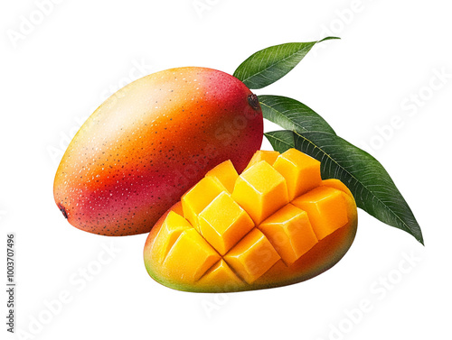 Fresh mango fruit with vibrant skin, sliced revealing juicy yellow flesh and seeds, adorned with green leaves, perfect for tropical themes and healthy lifestyle concepts. photo