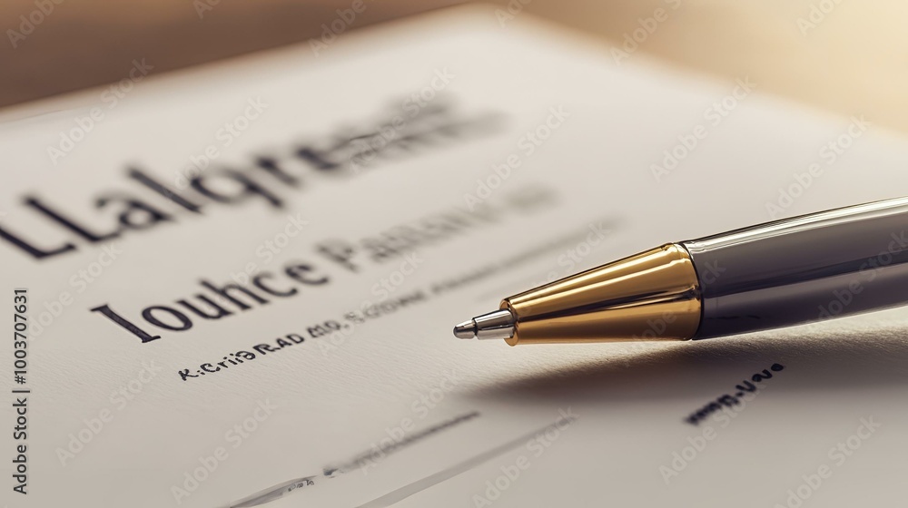 Elegant Golden Pen on Contract Paperwork Close-Up – Business Agreement Signing Concept. Elegant Golden Pen on Contract Paperwork Close-Up – Business Agreement Signing Concept.