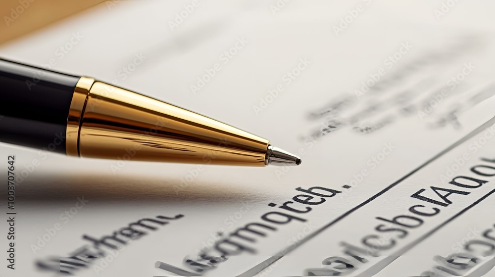 Elegant Golden Pen on Contract Paperwork Close-Up – Business Agreement Signing Concept. Elegant Golden Pen on Contract Paperwork Close-Up – Business Agreement Signing Concept.