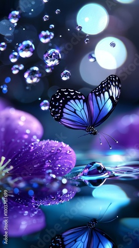  A tight shot of a butterfly atop a bloom, petals specked with water droplets, backdrop softly blurred