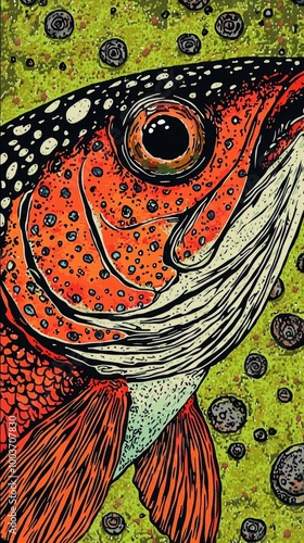  A painting of a fish with an orange and black speckled body and a black spot adjacent to its side