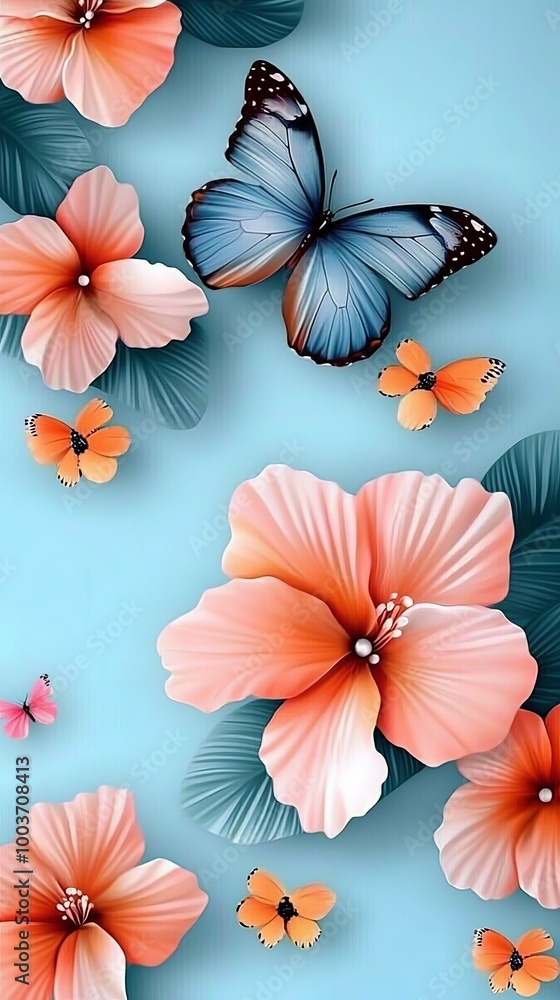 Obraz premium A blue backdrop featuring orange and pink blossoms, a butterfly atop a flower, and butterflies beneath the image's bottom
