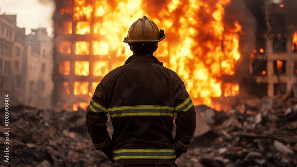 Firefighter standing in front of a collapsed building, with flames still visible and smoke pouring from the wreckage, reflecting the aftermath of a major fire Firefighter standing in front of a collapsed building, with flames still visible and smoke pouring from the wreckage, reflecting the aftermath of a major fire