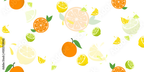 A seamless freshness of citrus fruit summer pattern isolated on white background.
