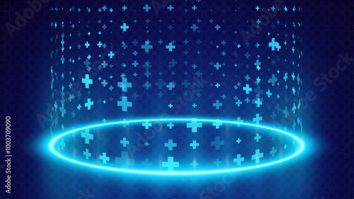 Level Up and Healing Aura Game Effect. Plus Signs Lighting and Bright VFX Aura. Glowing Neon Energy. Teleport Circle Effect. Vector Illustration.