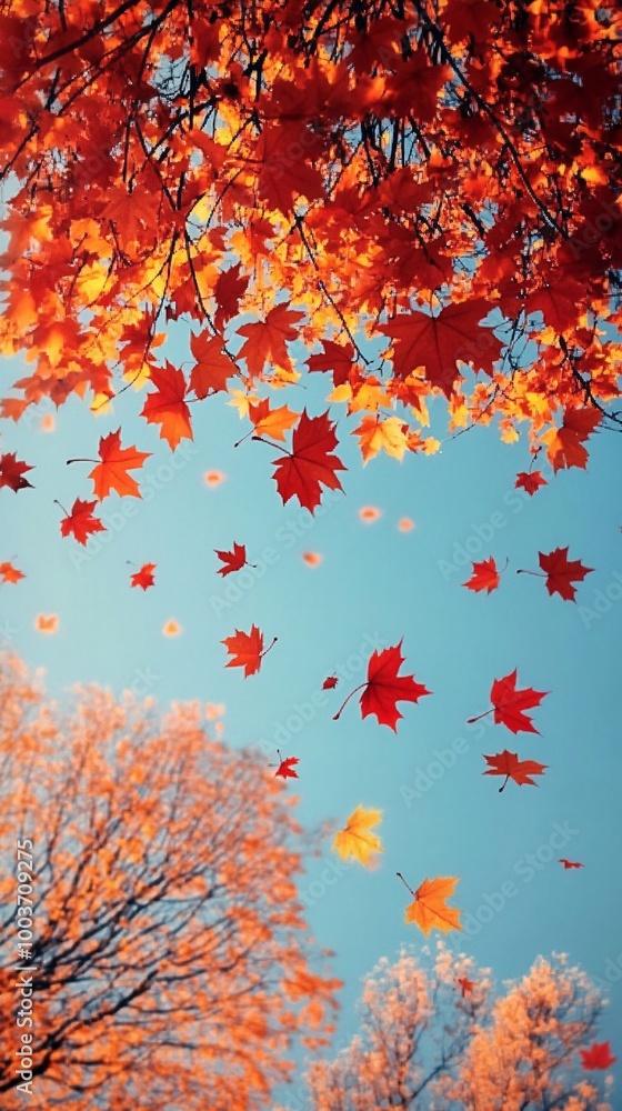A serene autumn scene featuring vibrant red and orange maple leaves gently falling from the trees, illuminated by soft, warm sunlight filtering through a clear blue sky. A serene autumn scene featuring vibrant red and orange maple leaves gently falling from the trees, illuminated by soft, warm sunlight filtering through a clear blue sky.